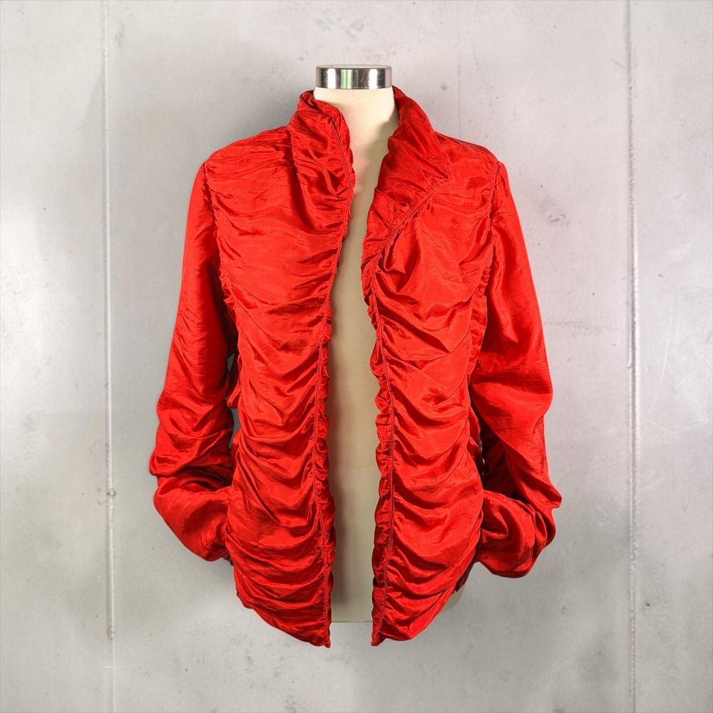 SILK LAND 100% Silk Ruched Open-Front Blazer, XL, Red/Orange Art-to-Wear